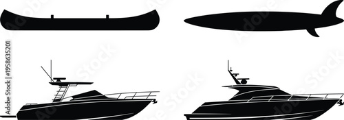 Boat and yacht silhouette set, canoe surfboard and luxury motorboat vector illustration collection isolated on white background