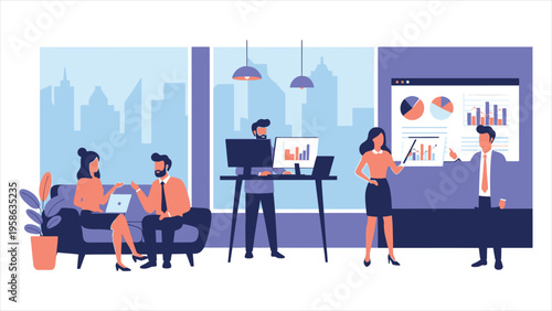 Happy office team vector illustration – coworkers collaborating, meeting clients, attending conferences, and working on computers in a modern workplace