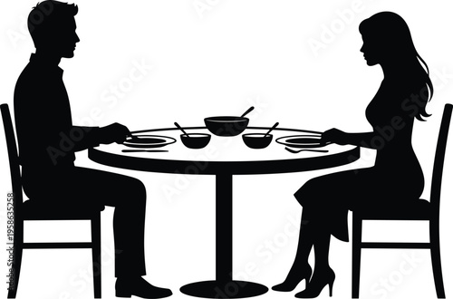 Couple dining silhouette romantic dinner date restaurant people black vector illustration isolated lifestyle relationship design elements collection