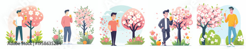 vector of a man standing drinking iced orange juice in spring
