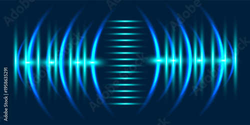 Abstract Blue Sonar sound waves background. Modern Signal concentric circles. Sonar wave and echo sounding. Digital Audio Sound Equalizer Effect. Dynamic vibration. Equalizer technology background.