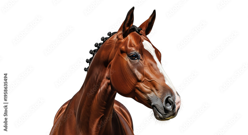 Obraz premium Closeup of a beautiful brown horse with white marking on face and braided mane transparent background