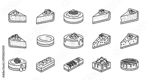 Cheesecake Line Icons Set, Dessert Cake Outline Vector Collection with Slices and Toppings