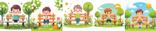 vector of a little boy sitting on a park bench drinking iced orange juice in spring