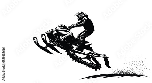 Snowmobiler in mid air jump dynamic action shot black and white silhouette