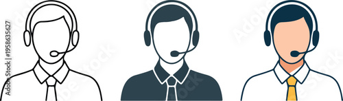 Professional customer service representative icon set featuring male call center agent avatars in line art and flat vector styles.