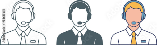Professional customer service representative icon set featuring male call center agent avatars in line art and flat vector styles.