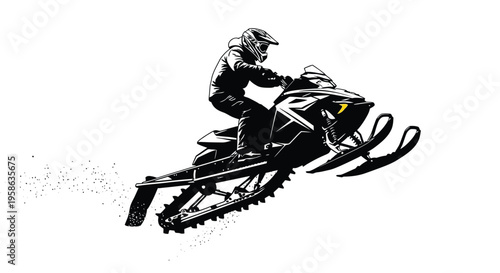 Snowmobiler in action dramatically leaping with a powerful machine silhouette