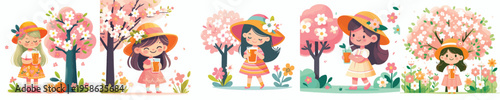 vector of a little girl standing drinking iced orange juice in spring