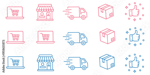 Online shopping icons set for e-commerce, delivery, laptop, box, truck, store, thumbs up, rating, vector illustration for digital retail, online marketplaces