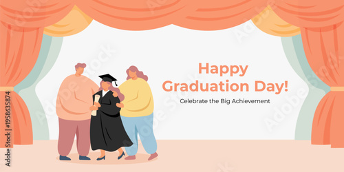 Parents hugging daughter graduate holding diploma on stage. Graduation ceremony family portrait. Celebrating academic achievement and education success. Flat illustration of student and family.