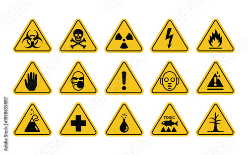 Hazardous material signs, vector icon set of chemical and biohazard symbols, including flammable, toxic, corrosive, and radioactive warnings, clean flat and outline design for safety, industrial