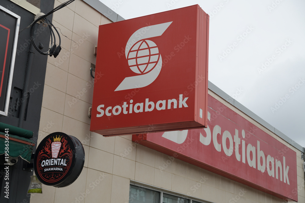 Fototapeta premium wall mounted projecting box sign outside Scotiabank branch at 1547 Bayview Av, East York, Toronto