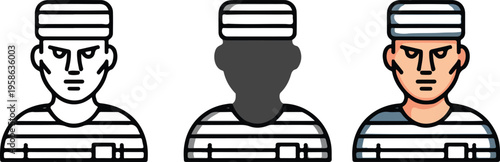 Prisoner icon set featuring male inmate avatars in striped uniform with line art, silhouette, and flat vector design styles.