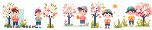 vector of a little boy standing drinking iced orange juice in spring