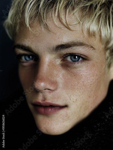 Close-up portrait of a young man with striking blue eyes and freckles