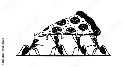Ants carrying a large slice of pizza depicted in black and white silhouette