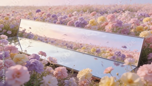 Surreal Mirror Reflecting Pastel Sky in Spring Meadow Flower Field
