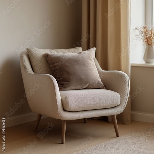Cozy armchair with textured fabric and plush cushion in a serene room setting