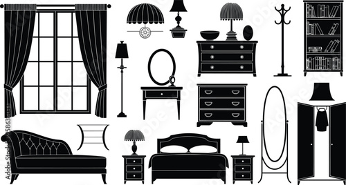 Classic bedroom furniture silhouettes collection, vintage interior elements including bed wardrobe dresser mirror window curtains and lamps, black vector illustration isolated on white background