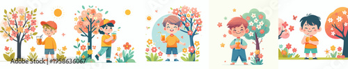 vector of a little boy standing drinking iced orange juice in spring