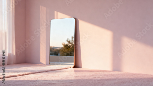 Aesthetic Pink Room Interior with Mirror and Golden Hour Sunlight