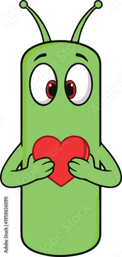 Cute green alien holding a red heart isolated on transparent background