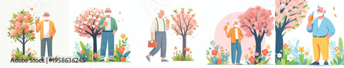 vector of a grandpa standing drinking iced orange juice in spring
