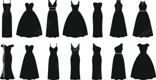 Evening dresses silhouette set elegant gowns fashion female clothing collection formal wear vector illustration black isolated stylish design