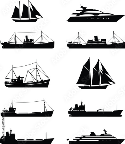 Collection of various ship silhouettes including sailboats, luxury yachts, cargo vessels, fishing boats, and ocean liners for maritime and nautical design projects.