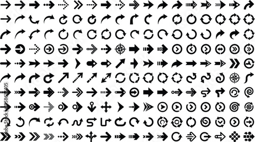 Comprehensive collection of solid black arrow icons featuring diverse silhouettes for interface navigation and wayfinding graphic designs