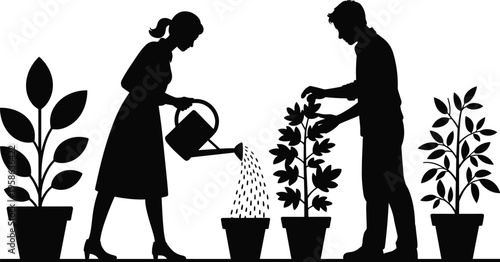 Couple watering and caring for potted plants silhouette, home gardening activity with indoor greenery, black vector illustration isolated on white background