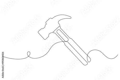 Hammer, continuous single line drawing, minimalist style, isolated outline illustration tool concept
