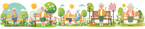 vector of a grandma sitting on a park bench drinking iced orange juice in spring