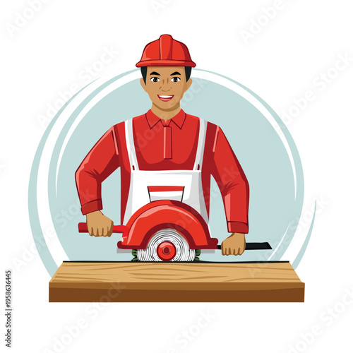 Carpenter using circular saw on wood construction vector illustration
