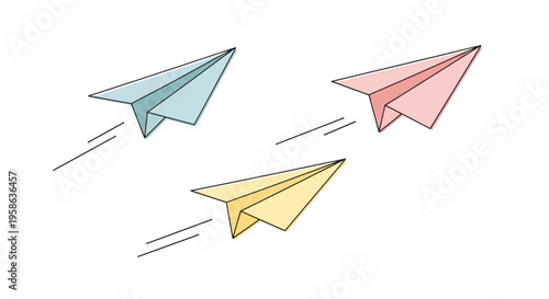 Colorful paper airplanes in flight.