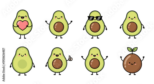 Cartoon Avocado Characters Smiling Faces.