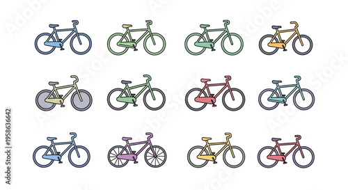 Bicycles in various colors lined up.