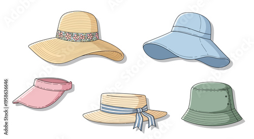 Collection of various colorful summer hats.