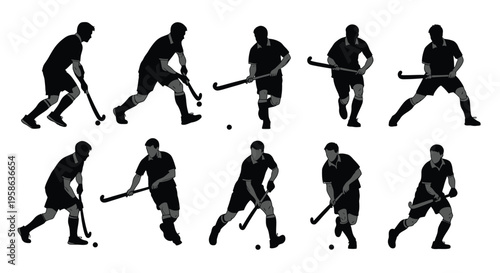 Collection of ten dynamic field hockey player silhouettes performing various actions in a graphic set