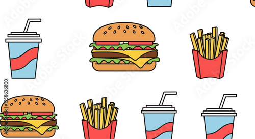 Colorful fast food burger and fries.