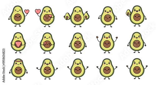 Cartoon Avocado Characters Various Emotions.
