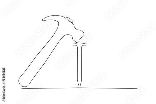 Hammer, continuous single line drawing, minimalist style, isolated outline illustration tool concept