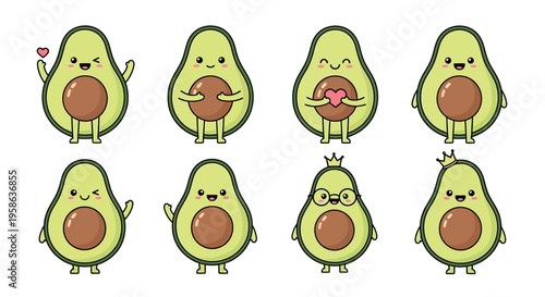 Cute cartoon avocado characters standing.