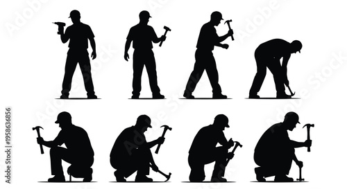 Set of construction worker vector silhouettes using various tools like hammers and drills illustration.