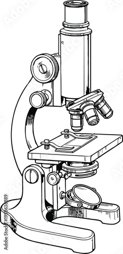 Detailed hand drawn vintage microscope sketch for scientific research laboratory study biological investigation and education professional equipment illustration isolated on white