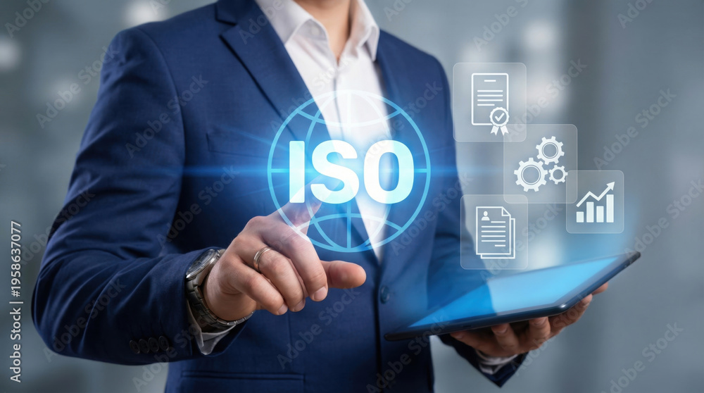 Obraz premium Businessman in blue suit holding tablet with ISO certification icons on screen for quality management and standards