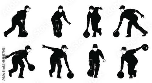 Dynamic vector graphic illustration set of male bowlers engaged in various bowling actions, ready to strike.