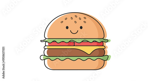 Smiling cartoon hamburger with toppings.