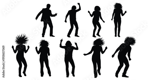 Dynamic vector illustration set of diverse people celebrating and dancing at a lively party event.